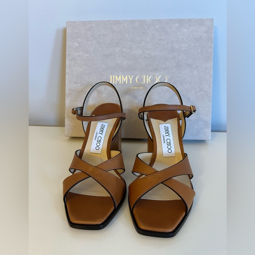 Jimmy Choo Joya 85 Brown Vachetta Block Heel Crisscross Strap Sandals, Size 7